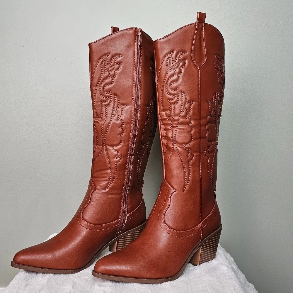 Embroidered Vegan Leather TAN Western Cowgirl Cowboy Boots Zip-up Pointed Toe - Picture 7 of 14